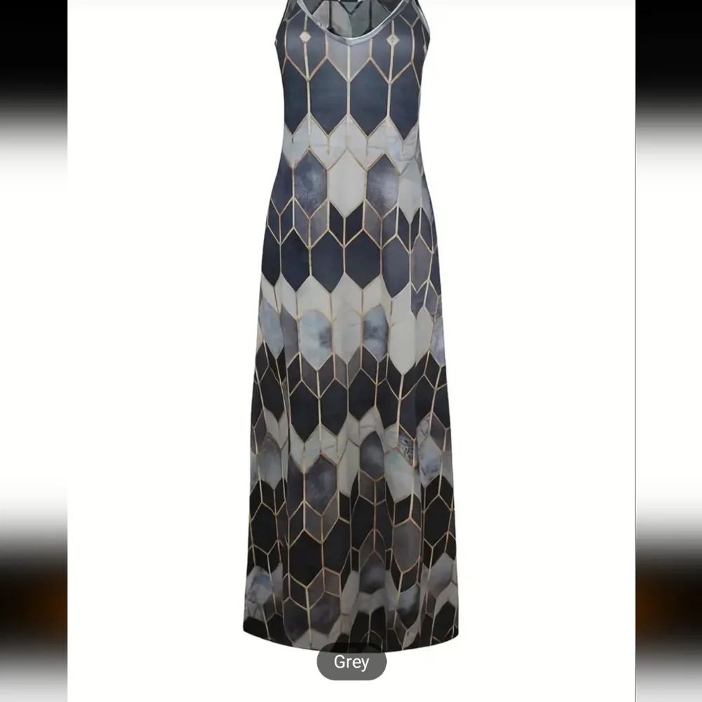 Argyle Print Spaghetti Dress, Vacation Sleeveless Summer Beach Maxi Dress, Women - Picture 2 of 3